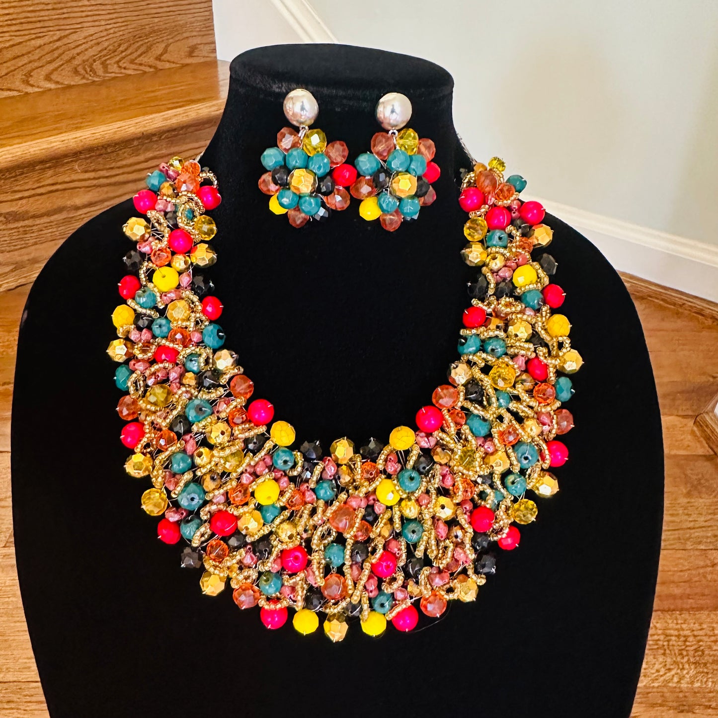 Crocheted Crystal Necklace w/ Earrings