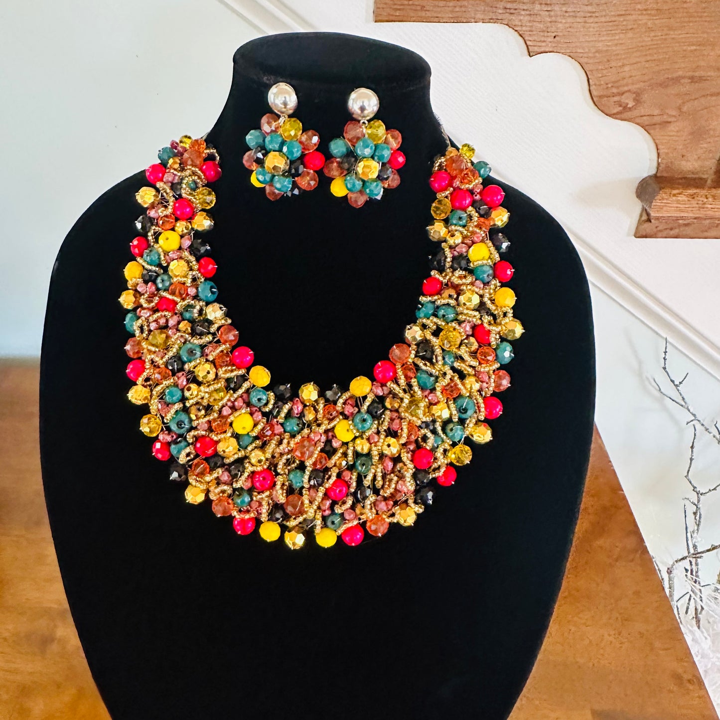 Crocheted Crystal Necklace w/ Earrings