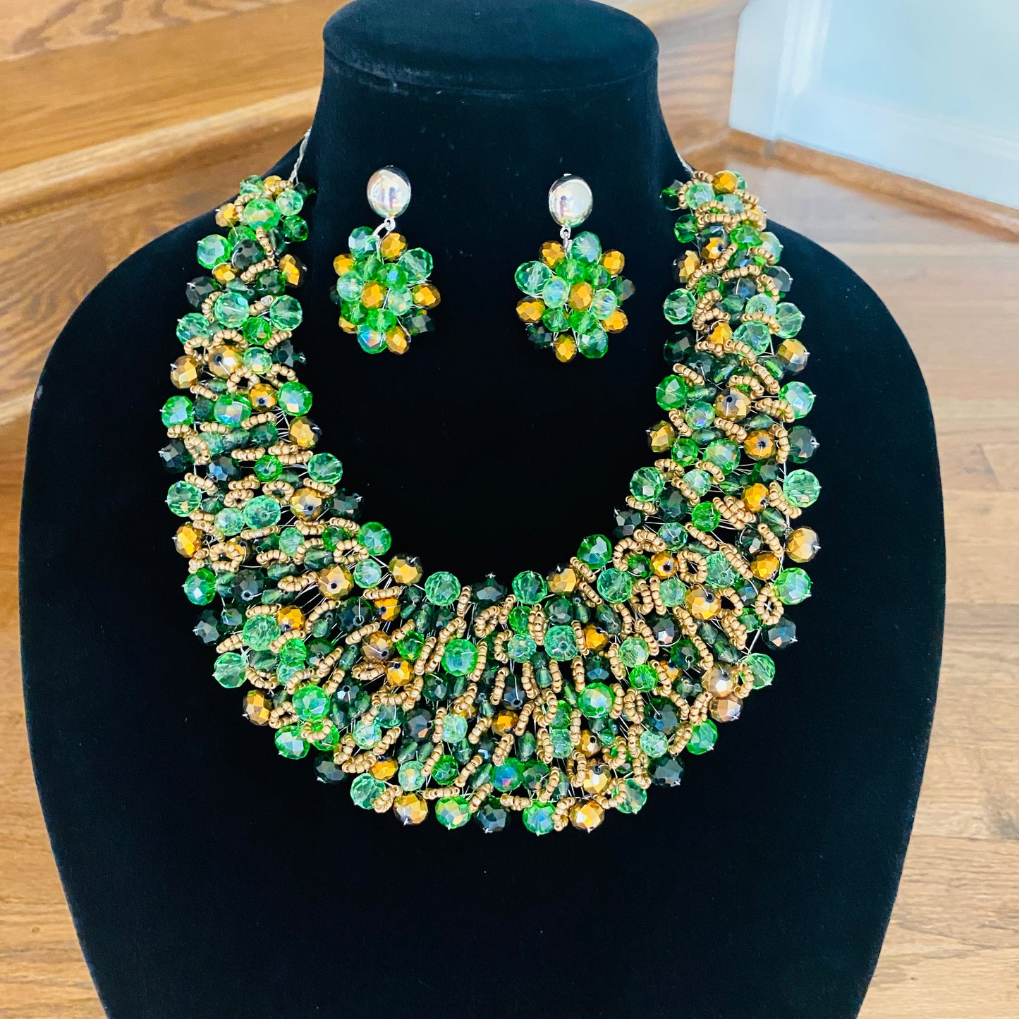 Crocheted Crystal Necklace w/ Earrings