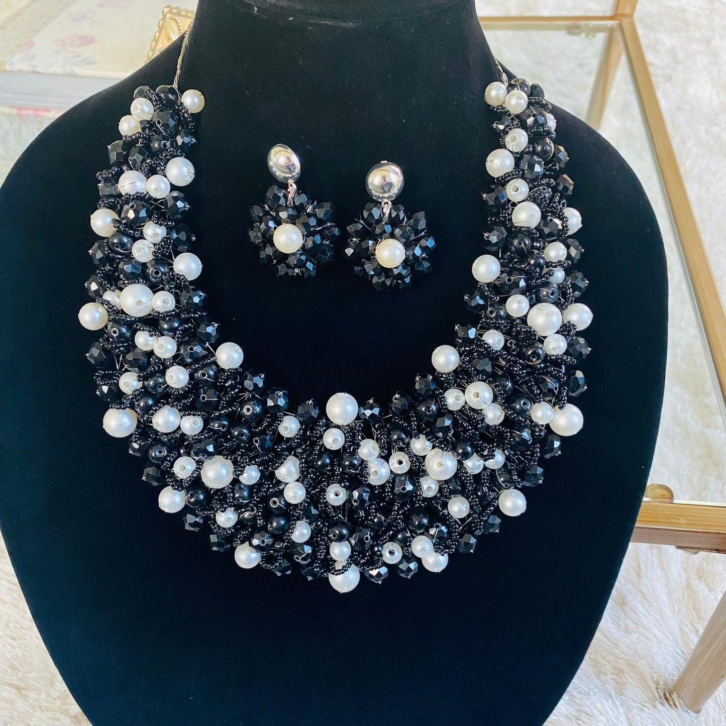 Crocheted Crystal Necklace w/ Earrings