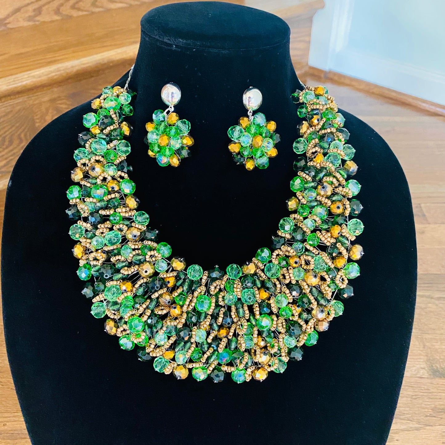 Crocheted Crystal Necklace w/ Earrings