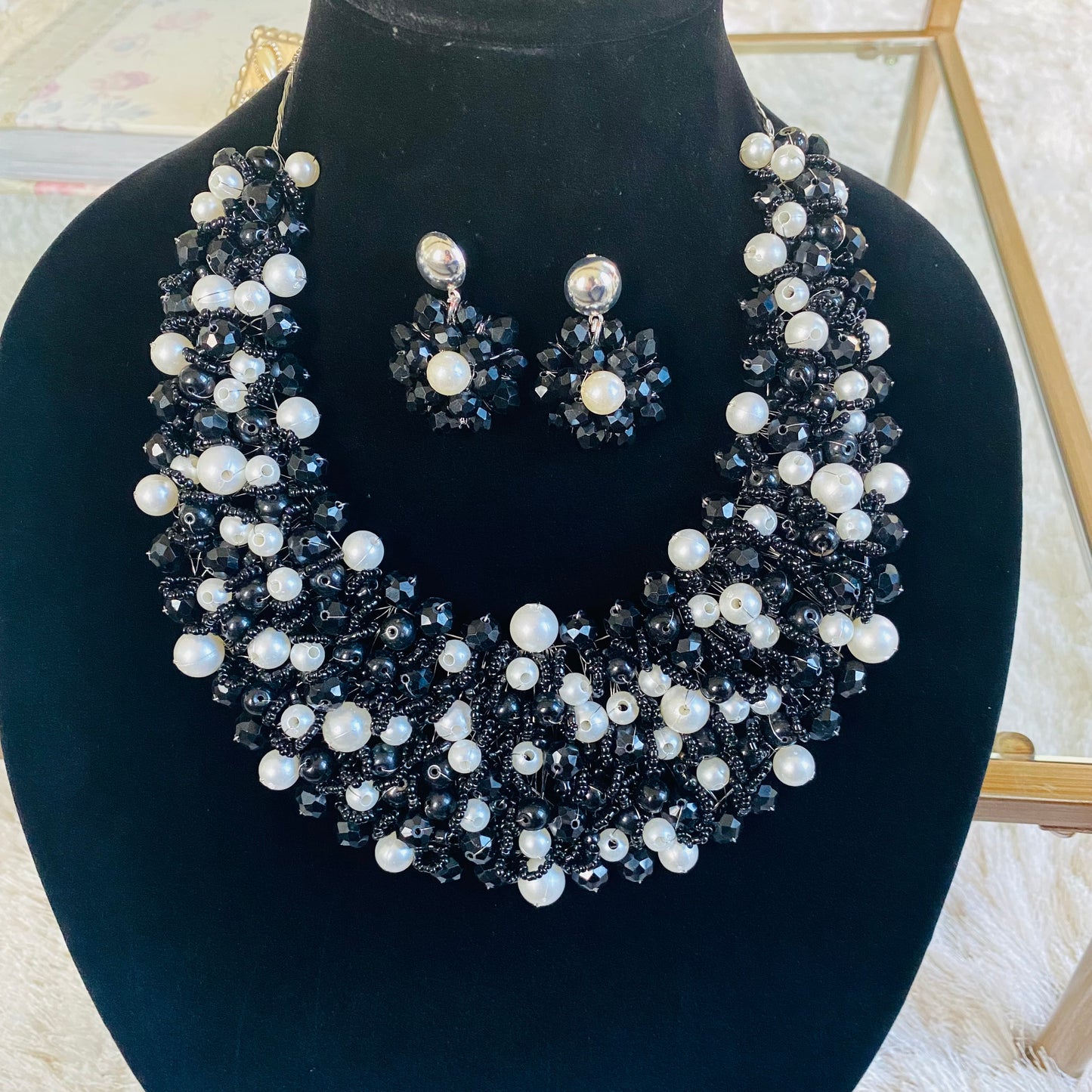 Crocheted Crystal Necklace w/ Earrings