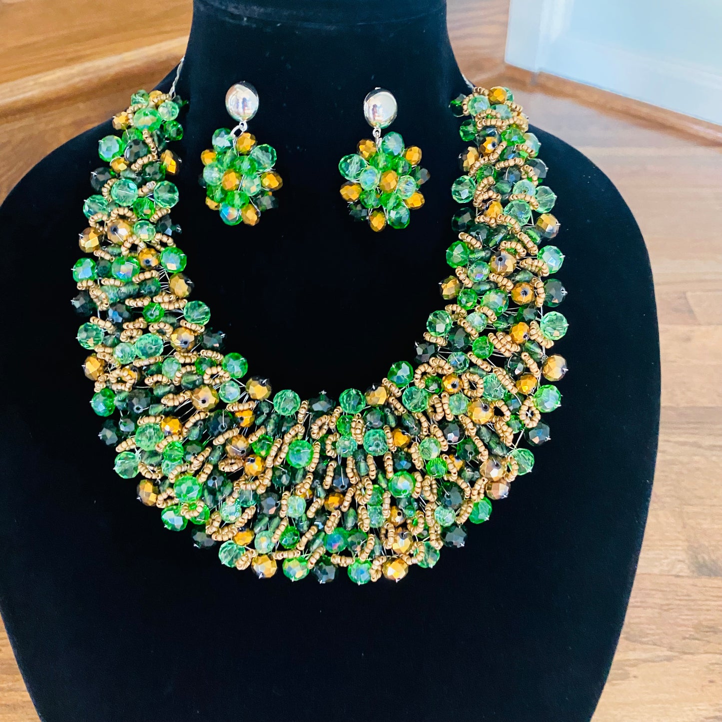 Crocheted Crystal Necklace w/ Earrings