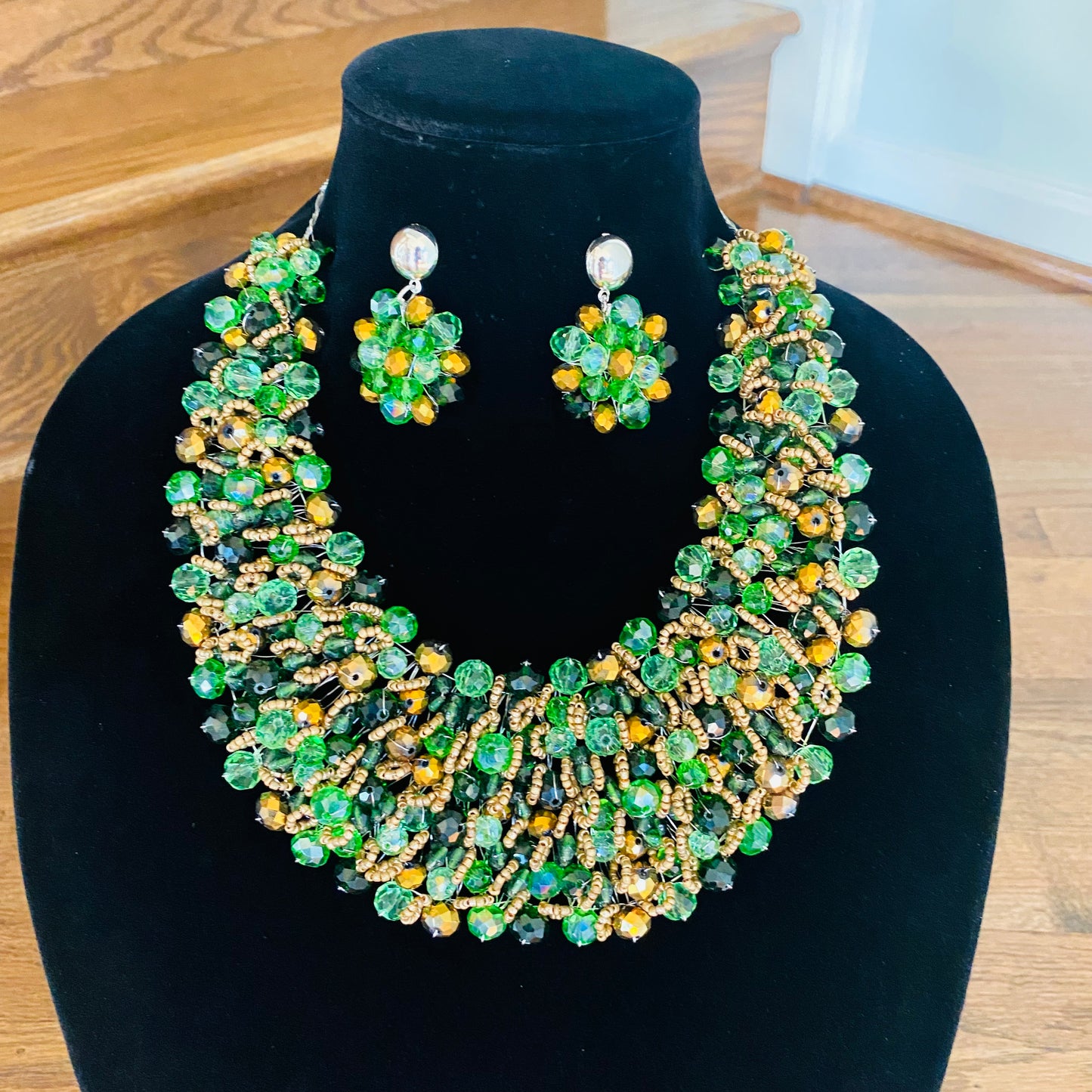 Crocheted Crystal Necklace w/ Earrings