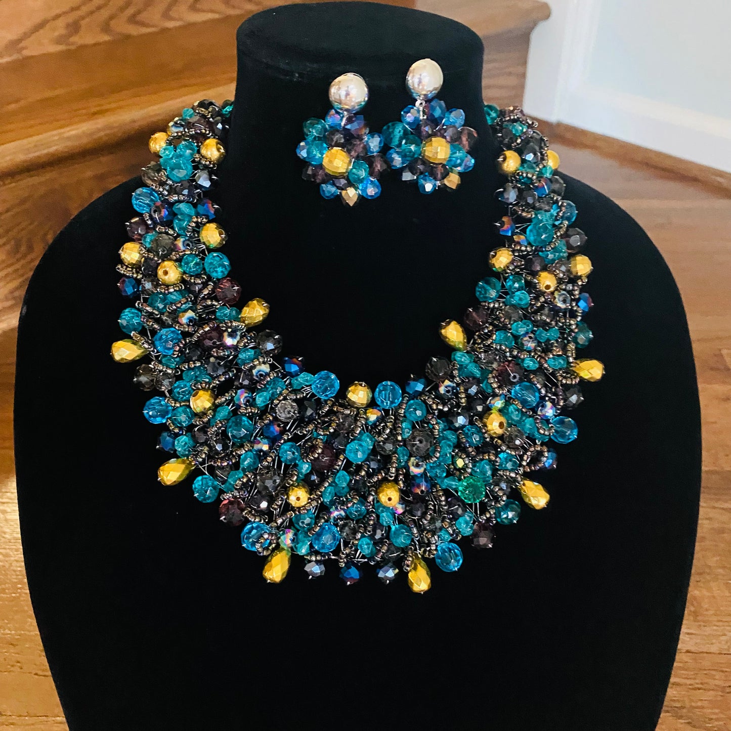 Crocheted Crystal Necklace w/ Earrings