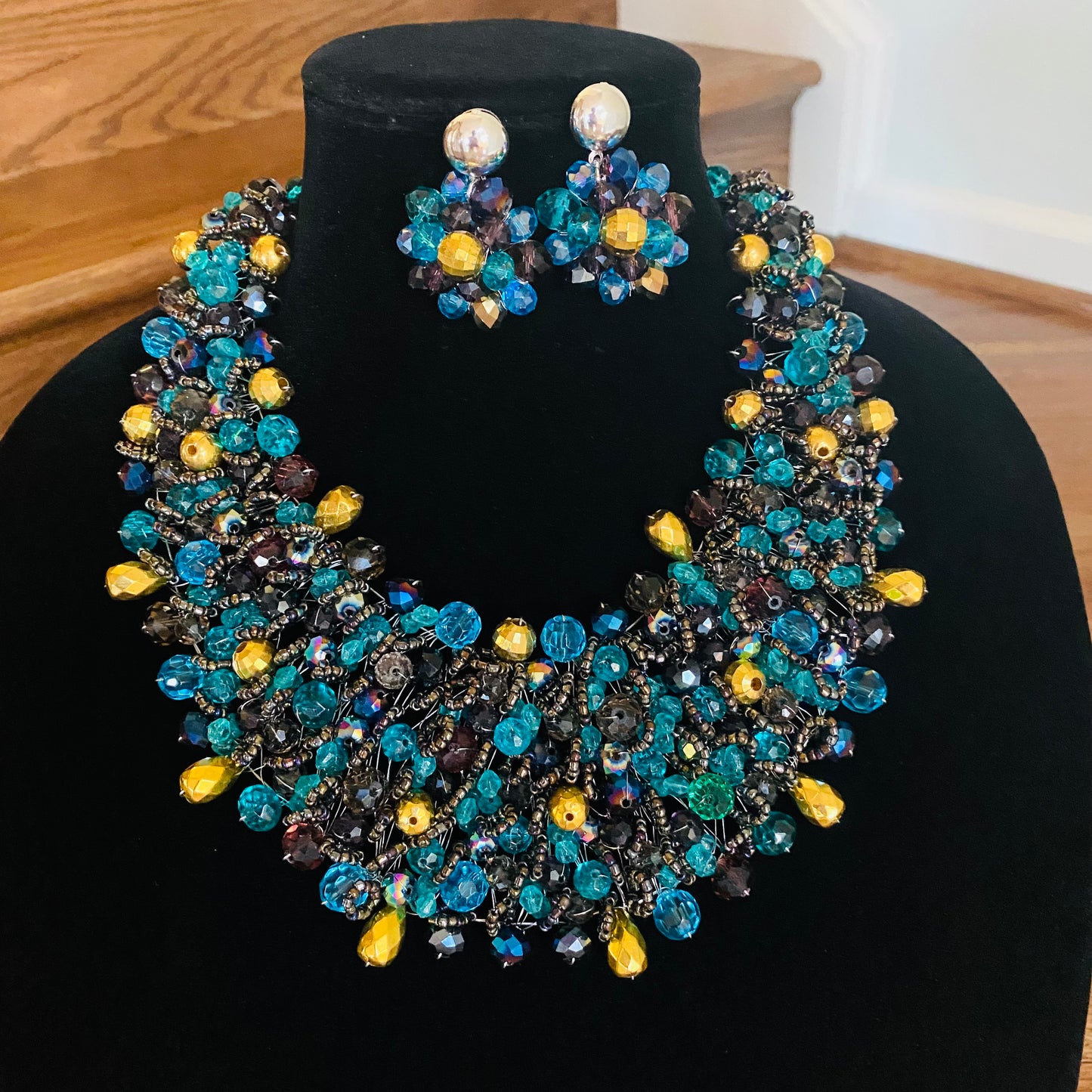 Crocheted Crystal Necklace w/ Earrings