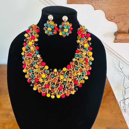 Crocheted Crystal Necklace w/ Earrings