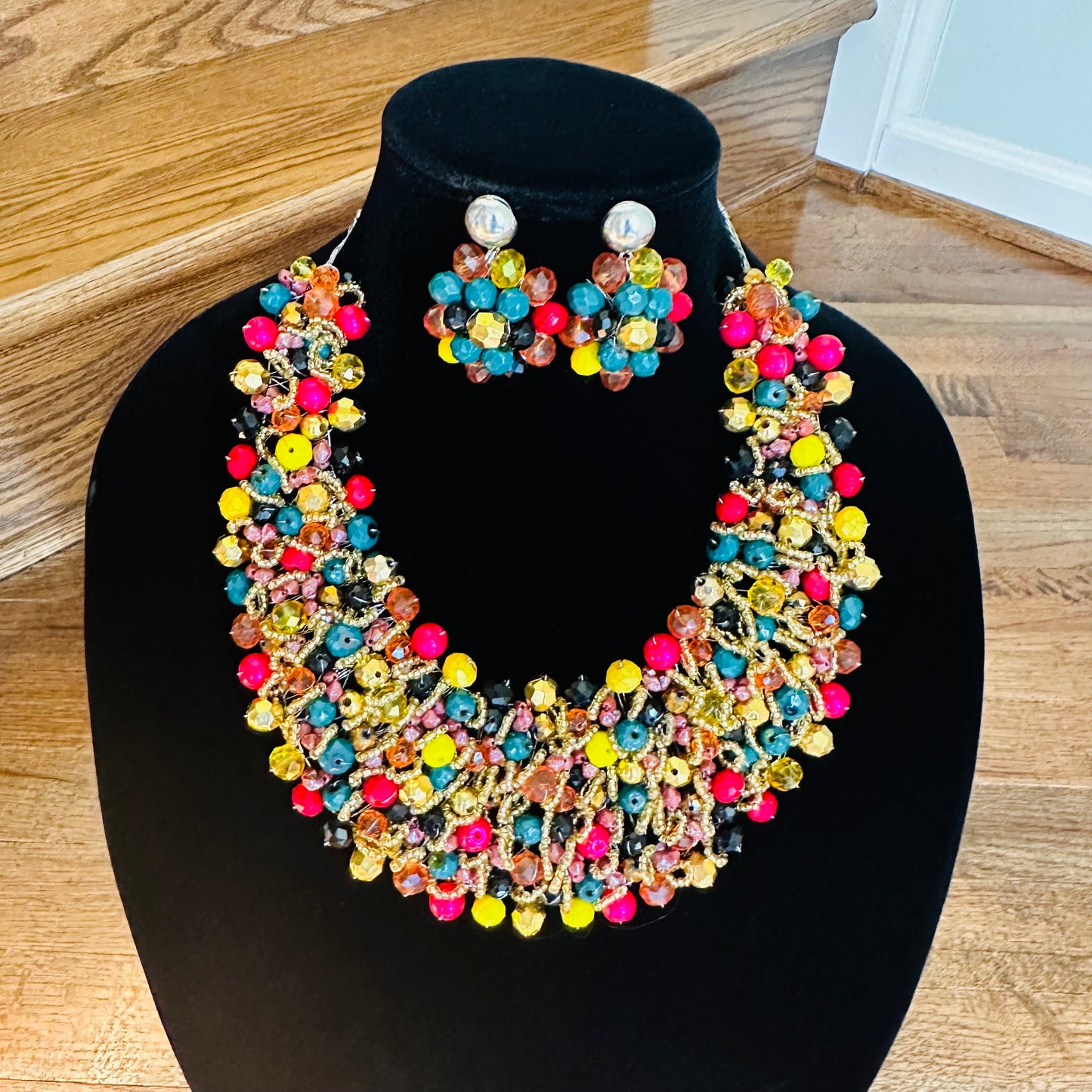 Crocheted Crystal Necklace w/ Earrings