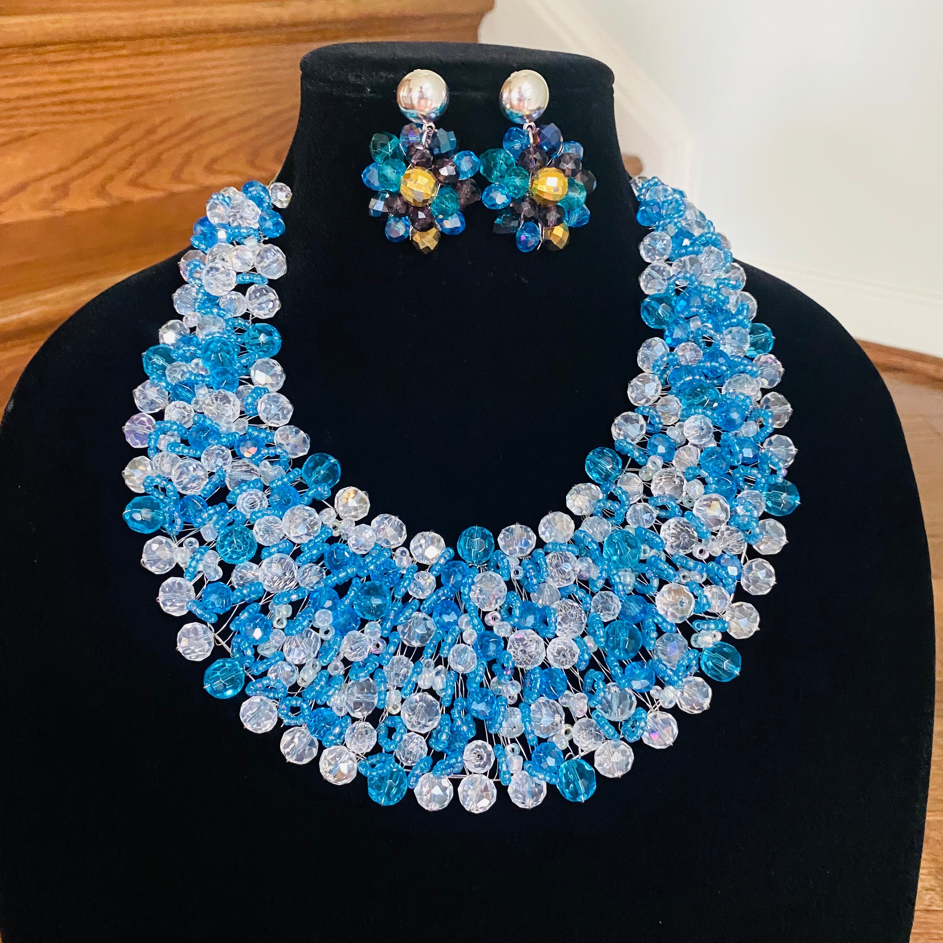 Crocheted Crystal Necklace w/ Earrings