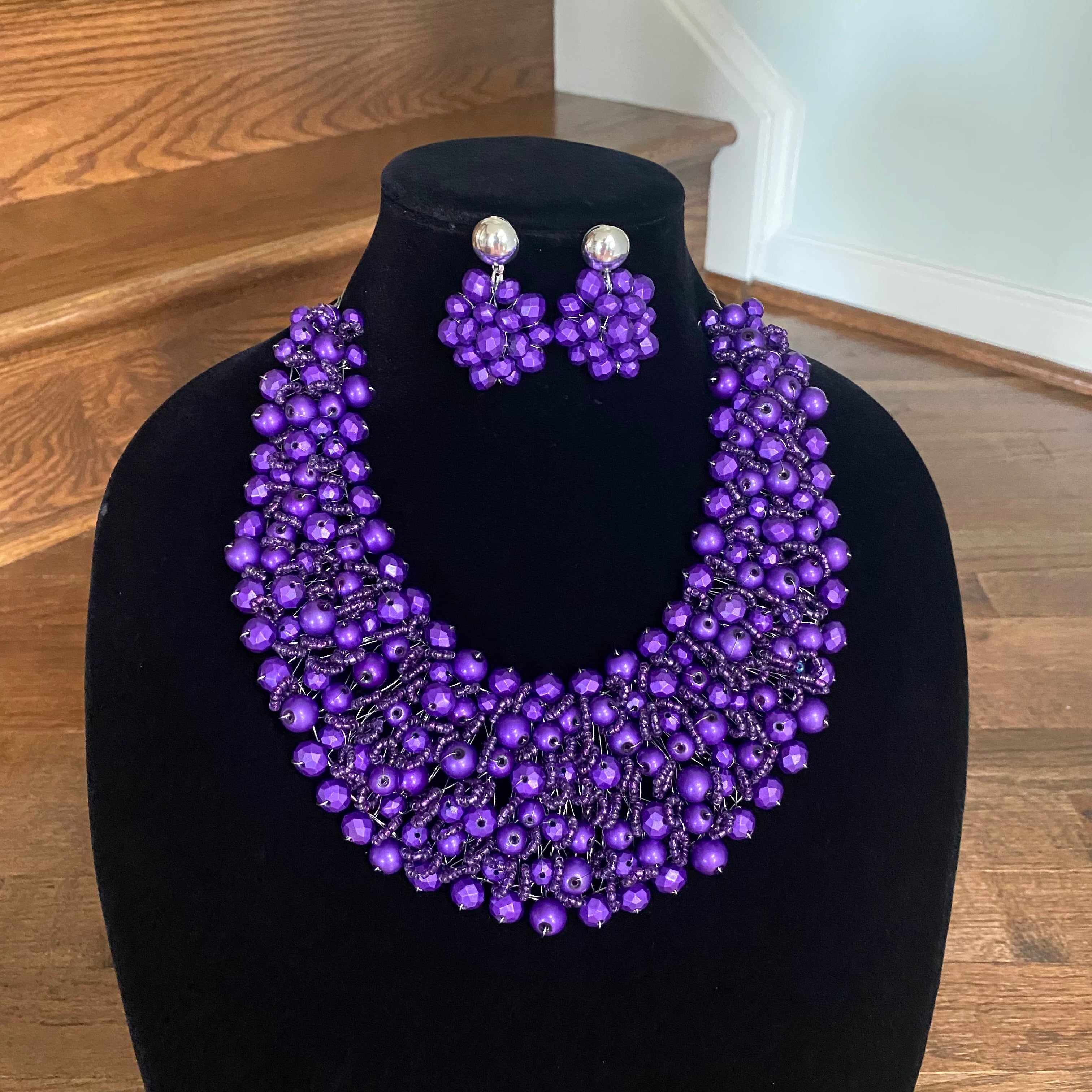 Crocheted Crystal Necklace w/ Earrings
