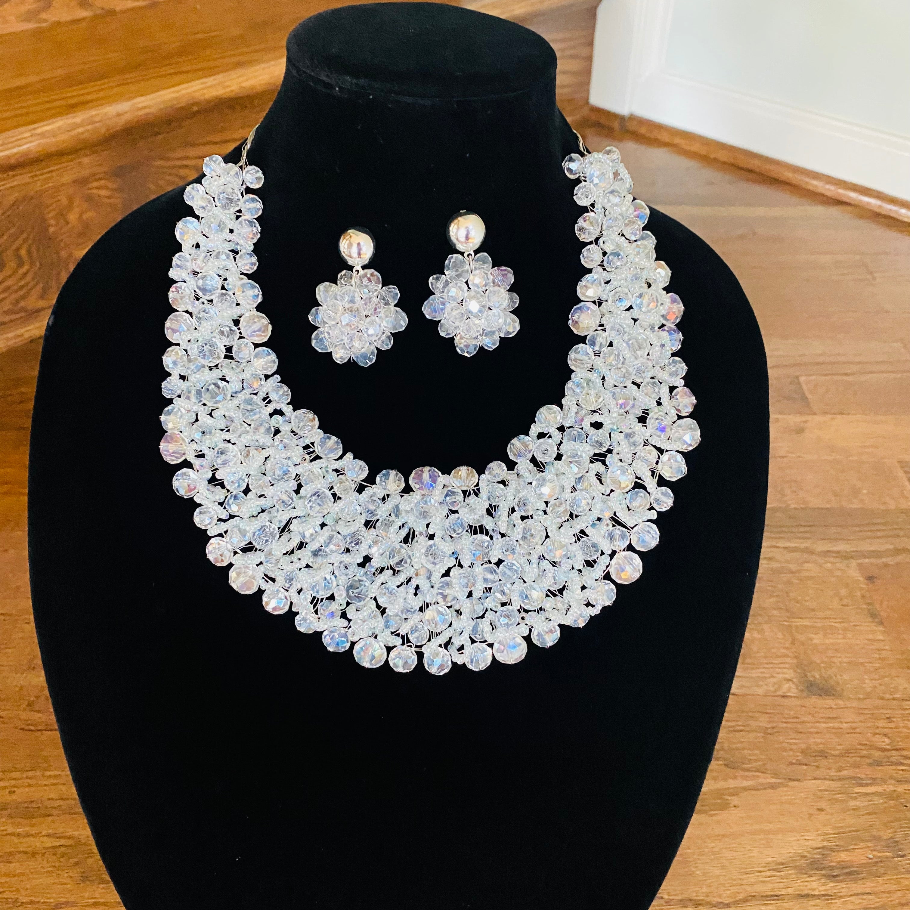 Crocheted Crystal Necklace w/ Earrings
