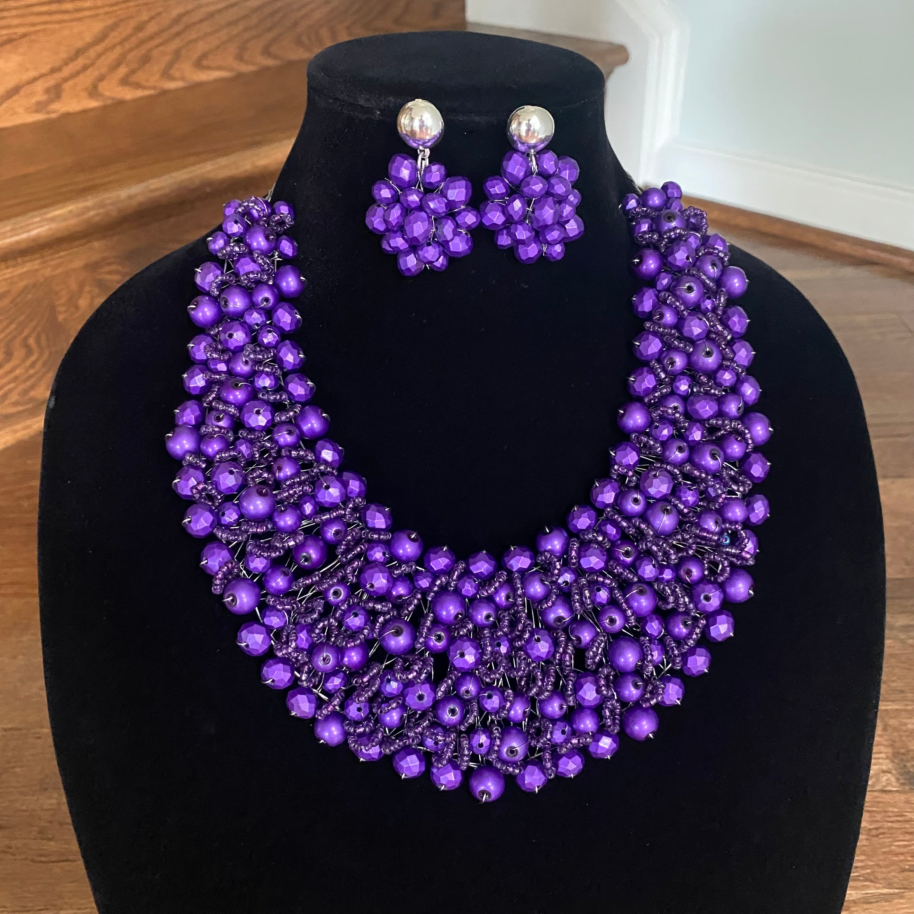 Crocheted Crystal Necklace w/ Earrings