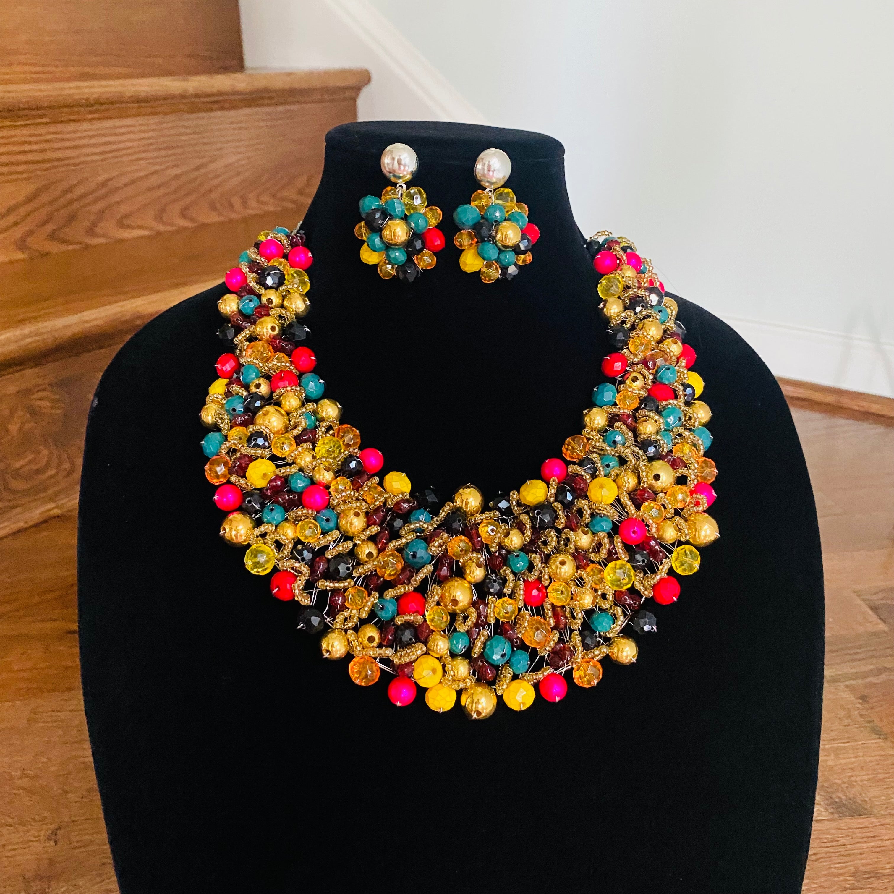 Crocheted Crystal Necklace w/ Earrings