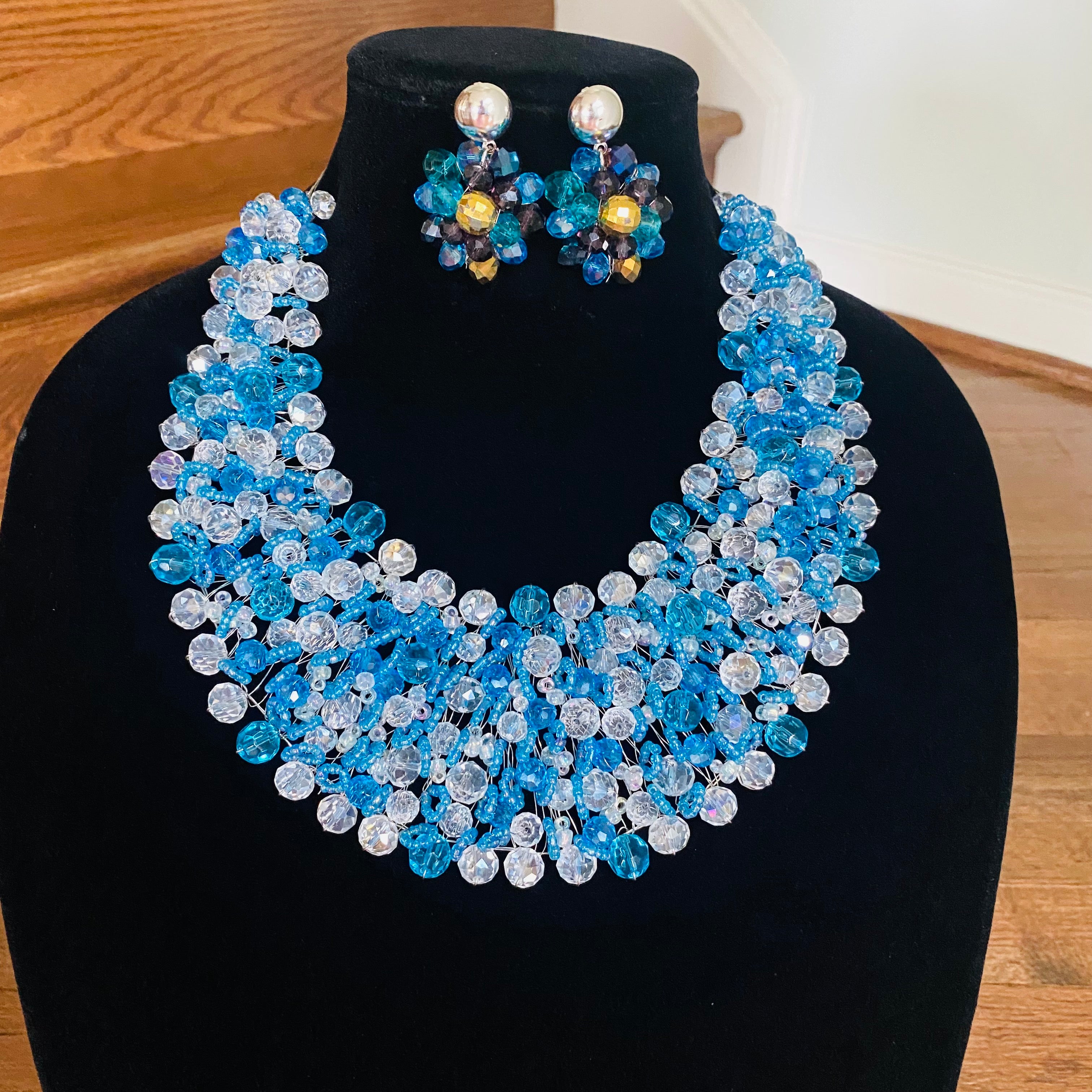 Crocheted Crystal Necklace w/ Earrings