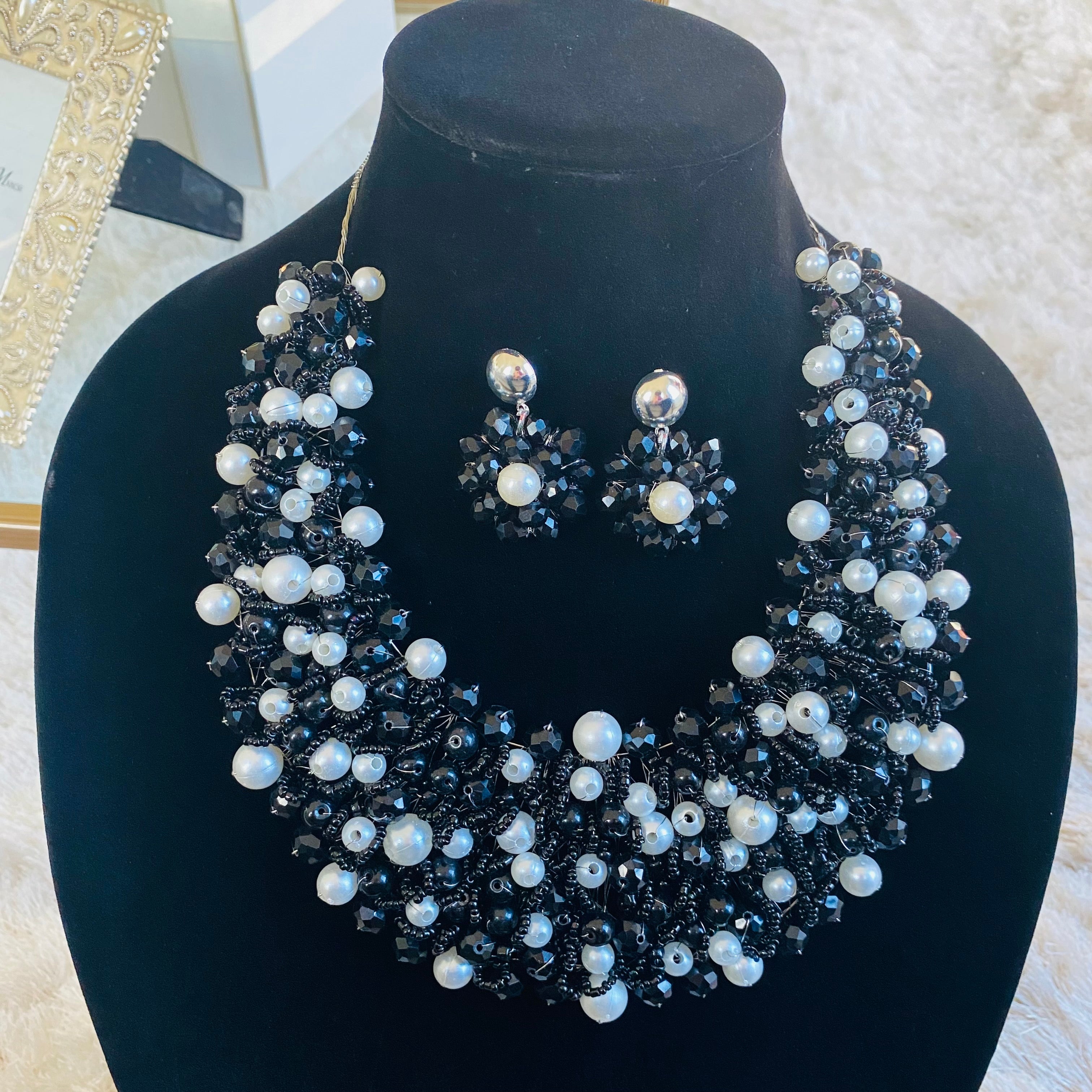 Crocheted Crystal Necklace w/ Earrings