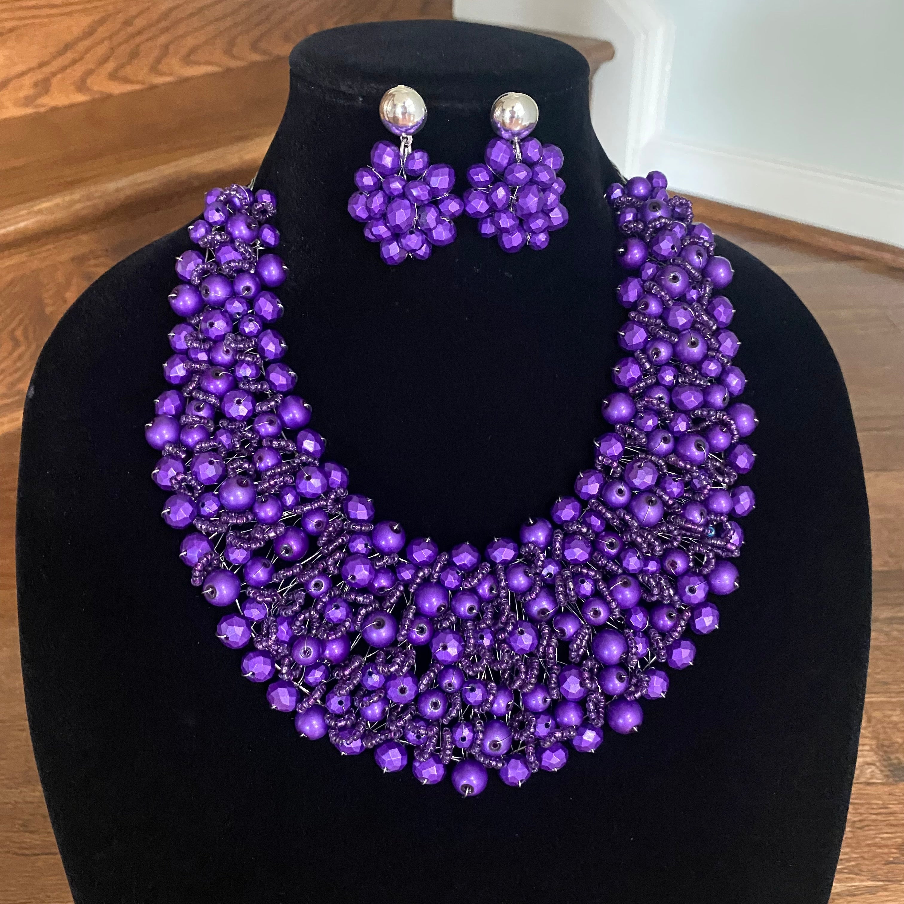 Crocheted Crystal Necklace w/ Earrings