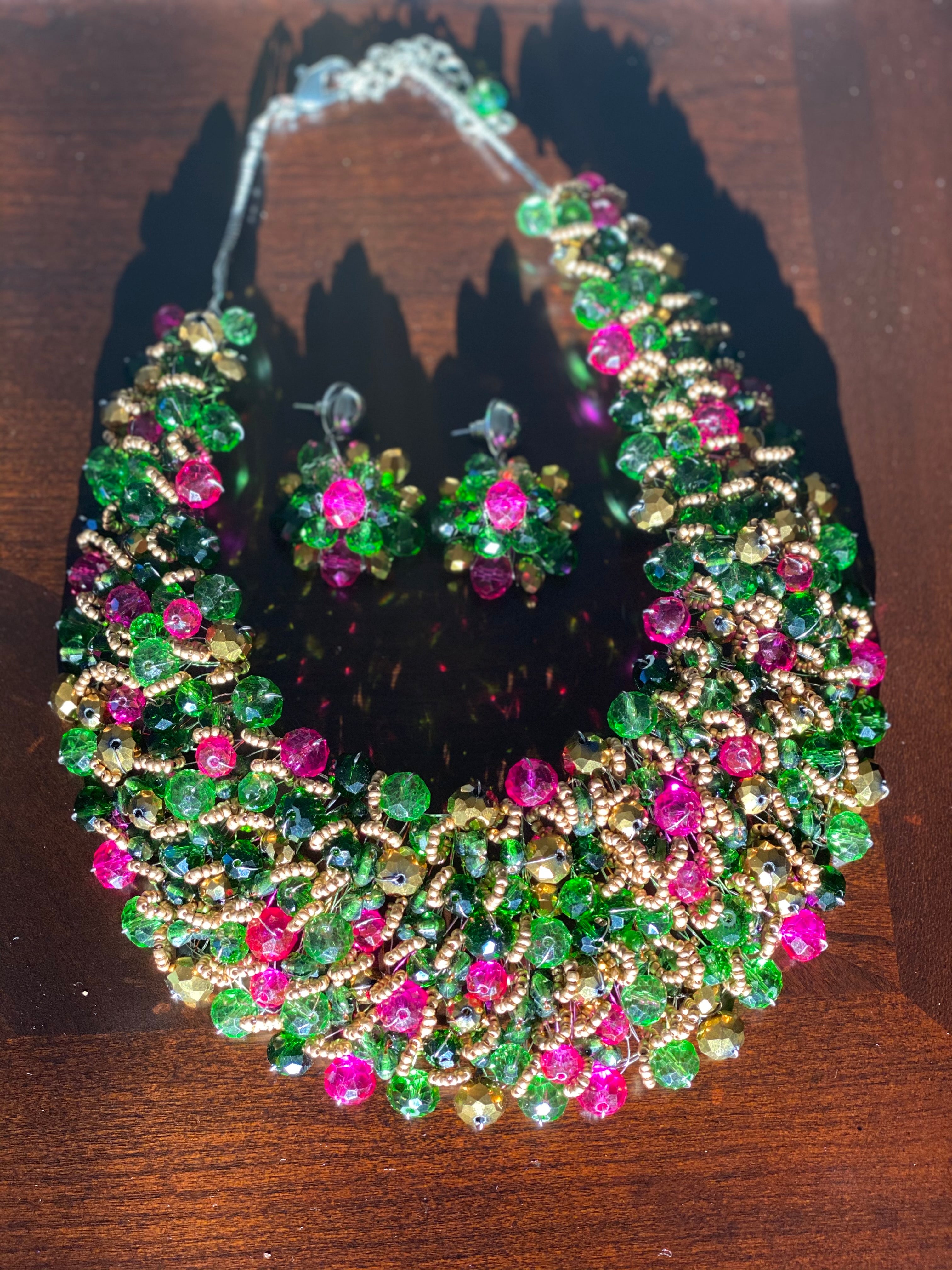 Crocheted Crystal Necklace w/ Earrings