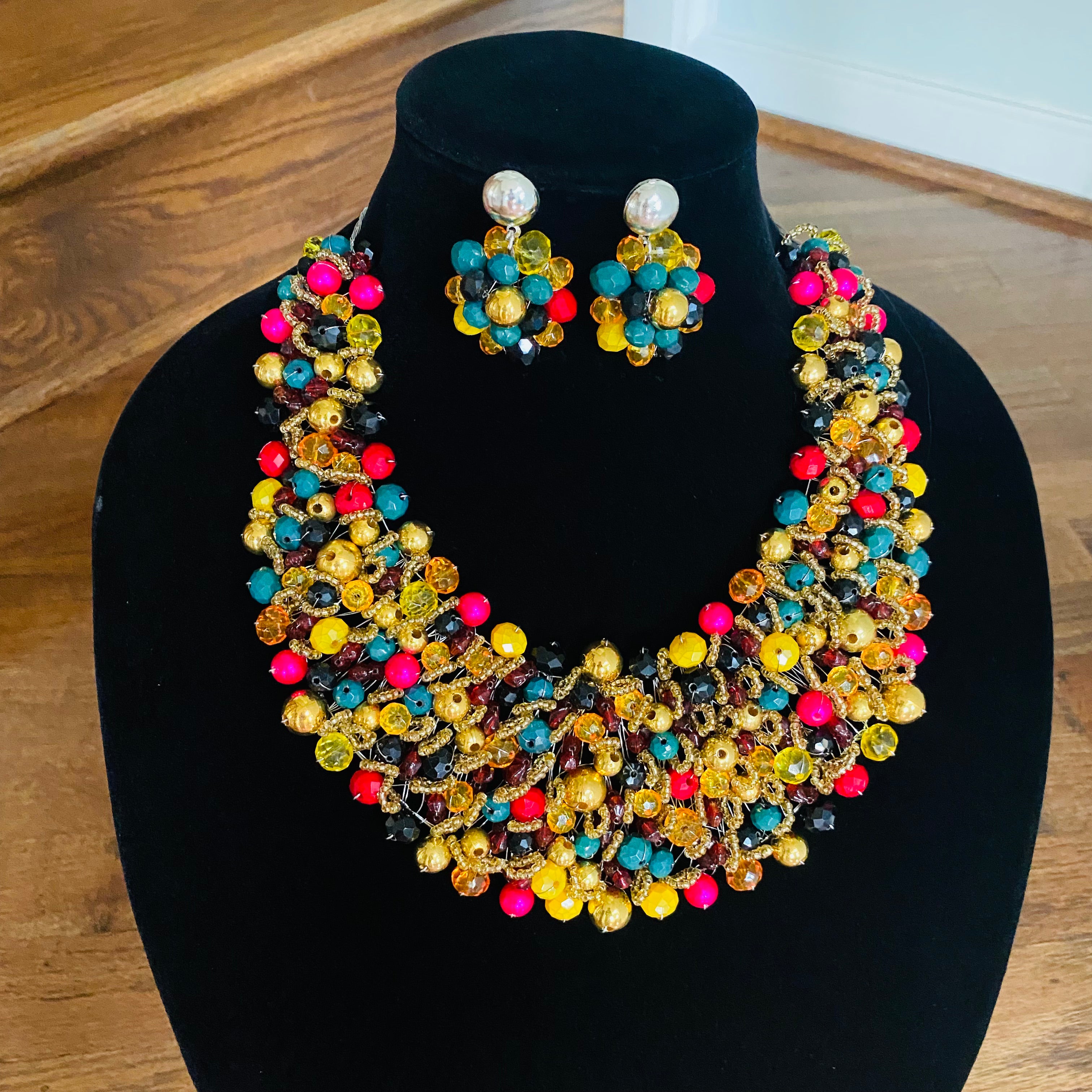 Crocheted Crystal Necklace w/ Earrings