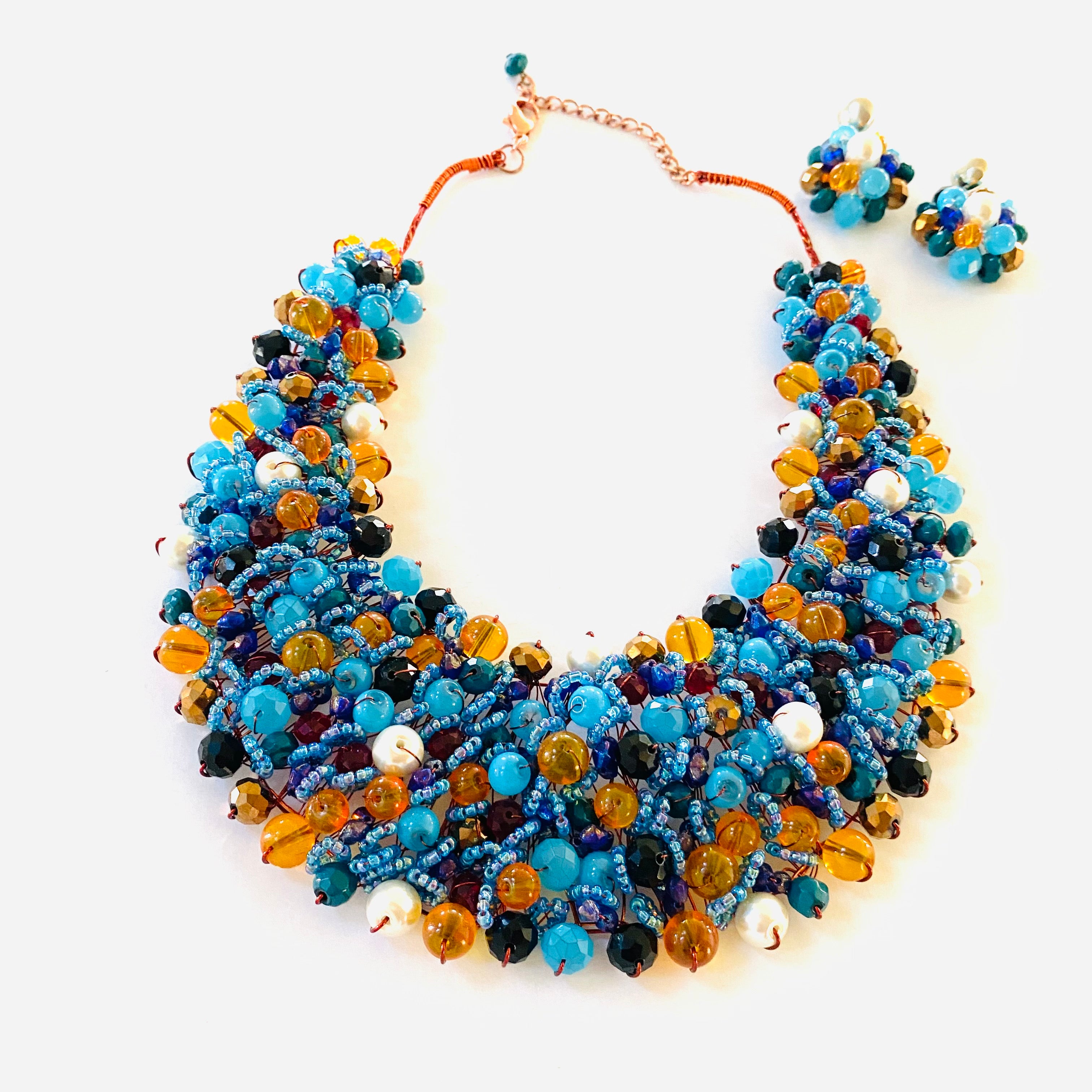 Crocheted Crystal Necklace w/ Earrings