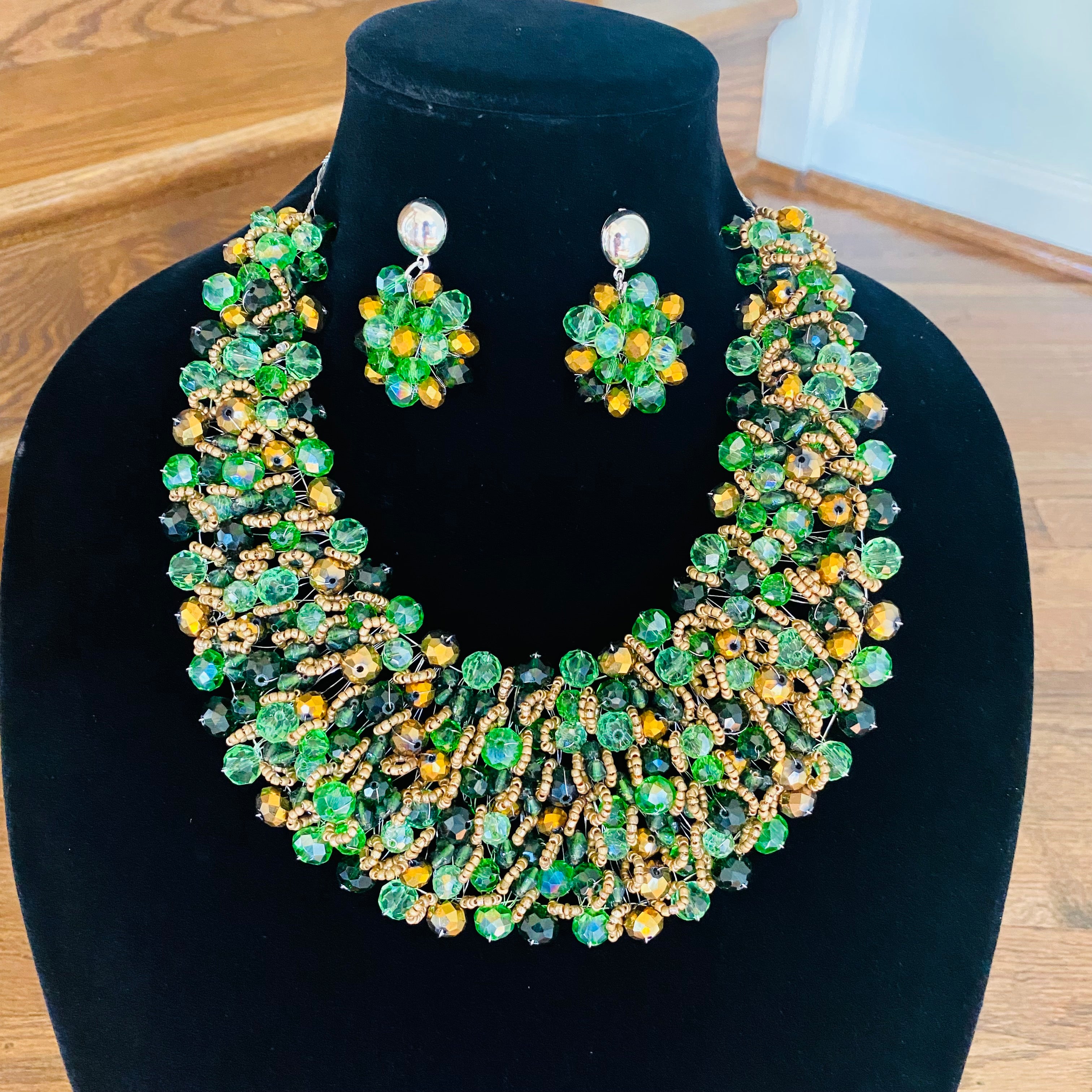 Crocheted Crystal Necklace w/ Earrings