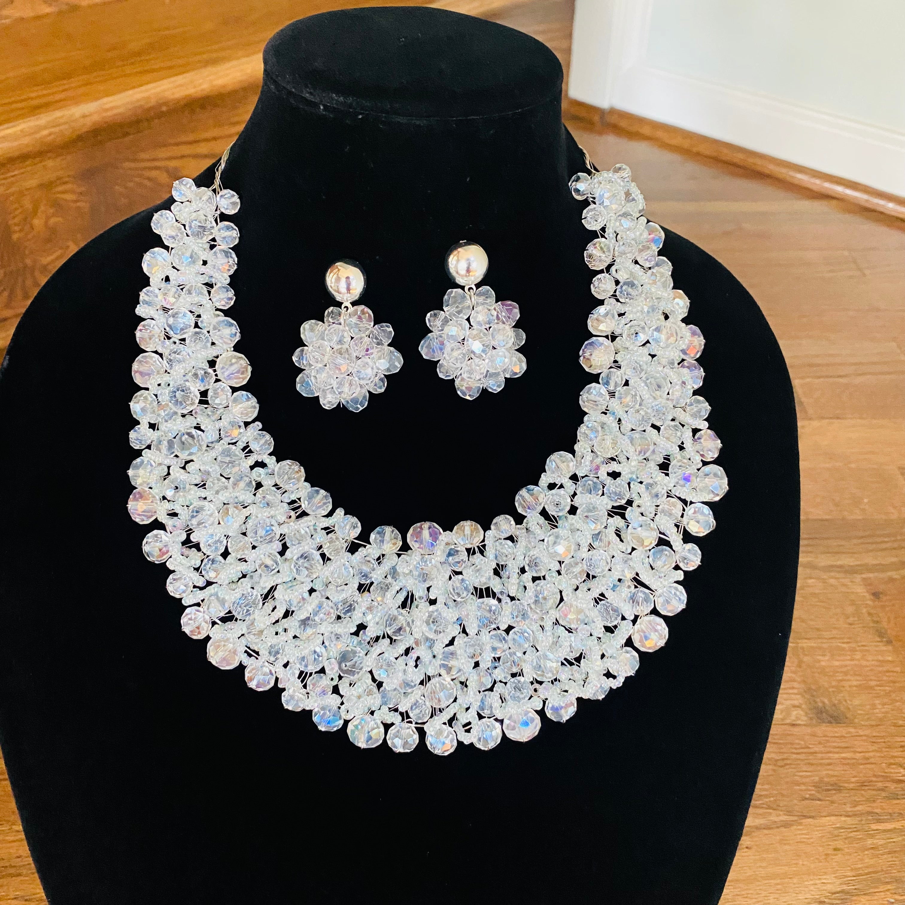 Crocheted Crystal Necklace w/ Earrings