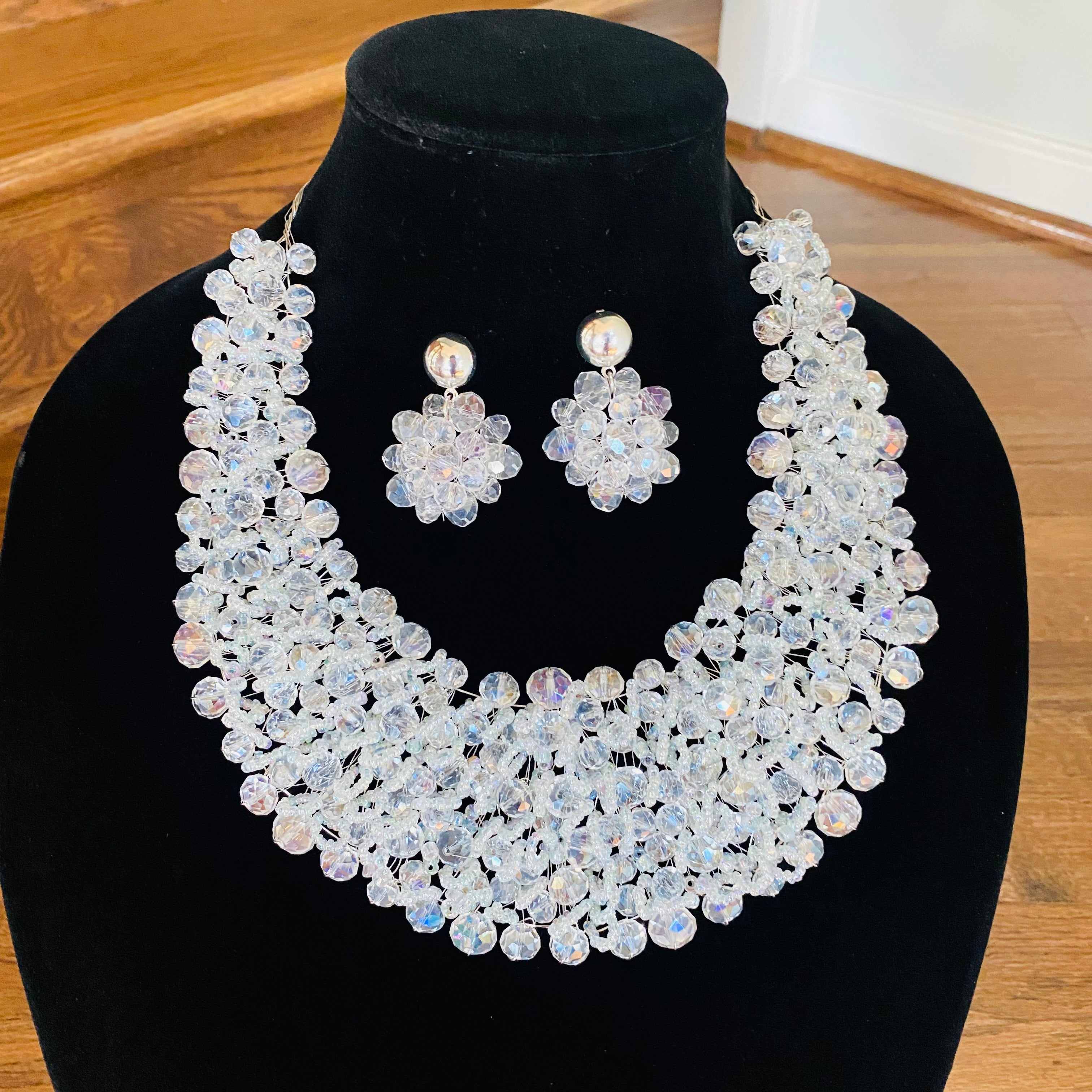 Crocheted Crystal Necklace w/ Earrings