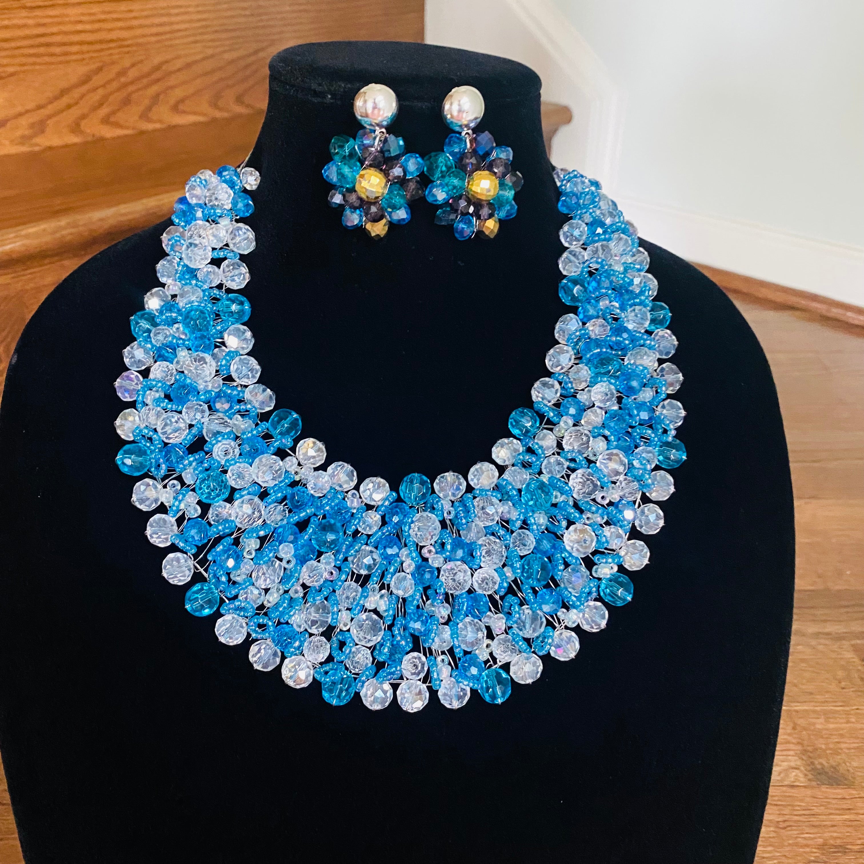 Crocheted Crystal Necklace w/ Earrings
