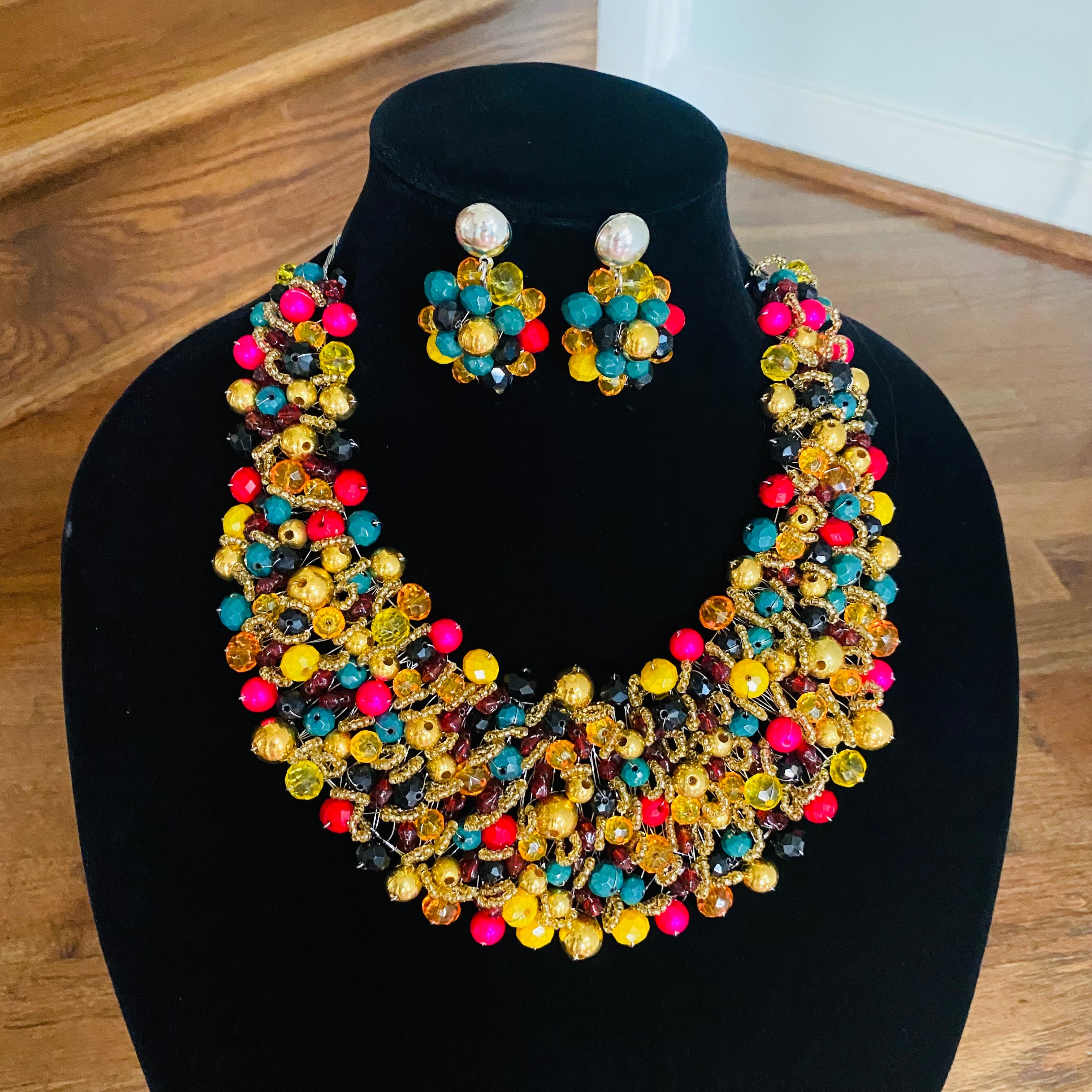 Crocheted Crystal Necklace w/ Earrings