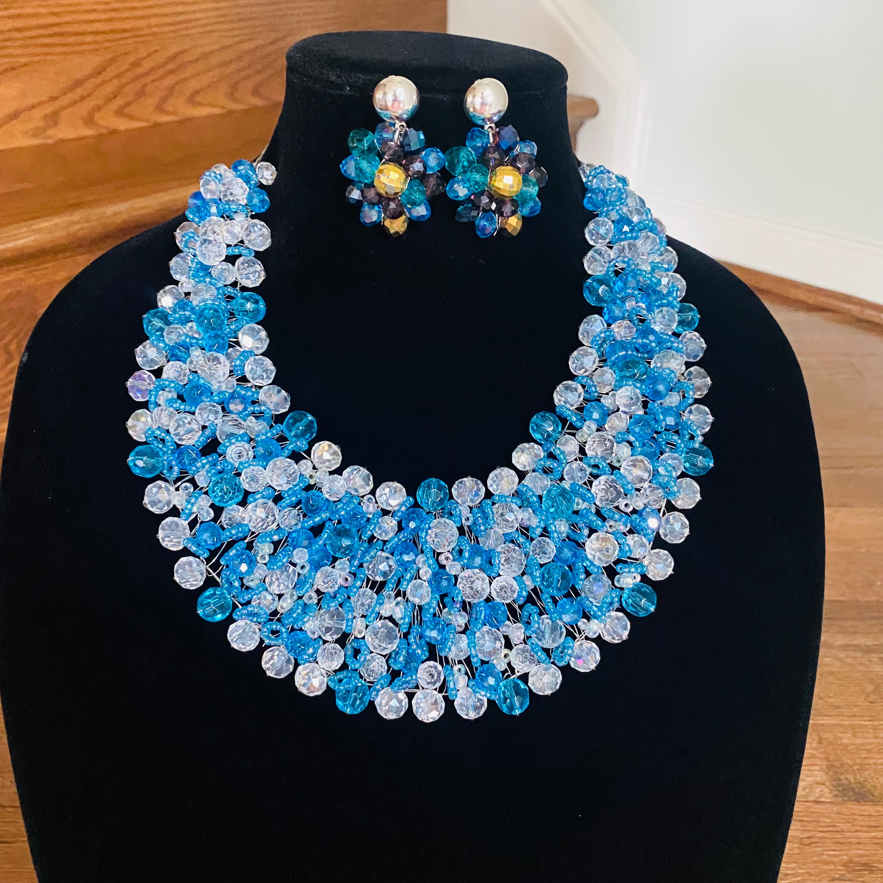 Crocheted Crystal Necklace w/ Earrings