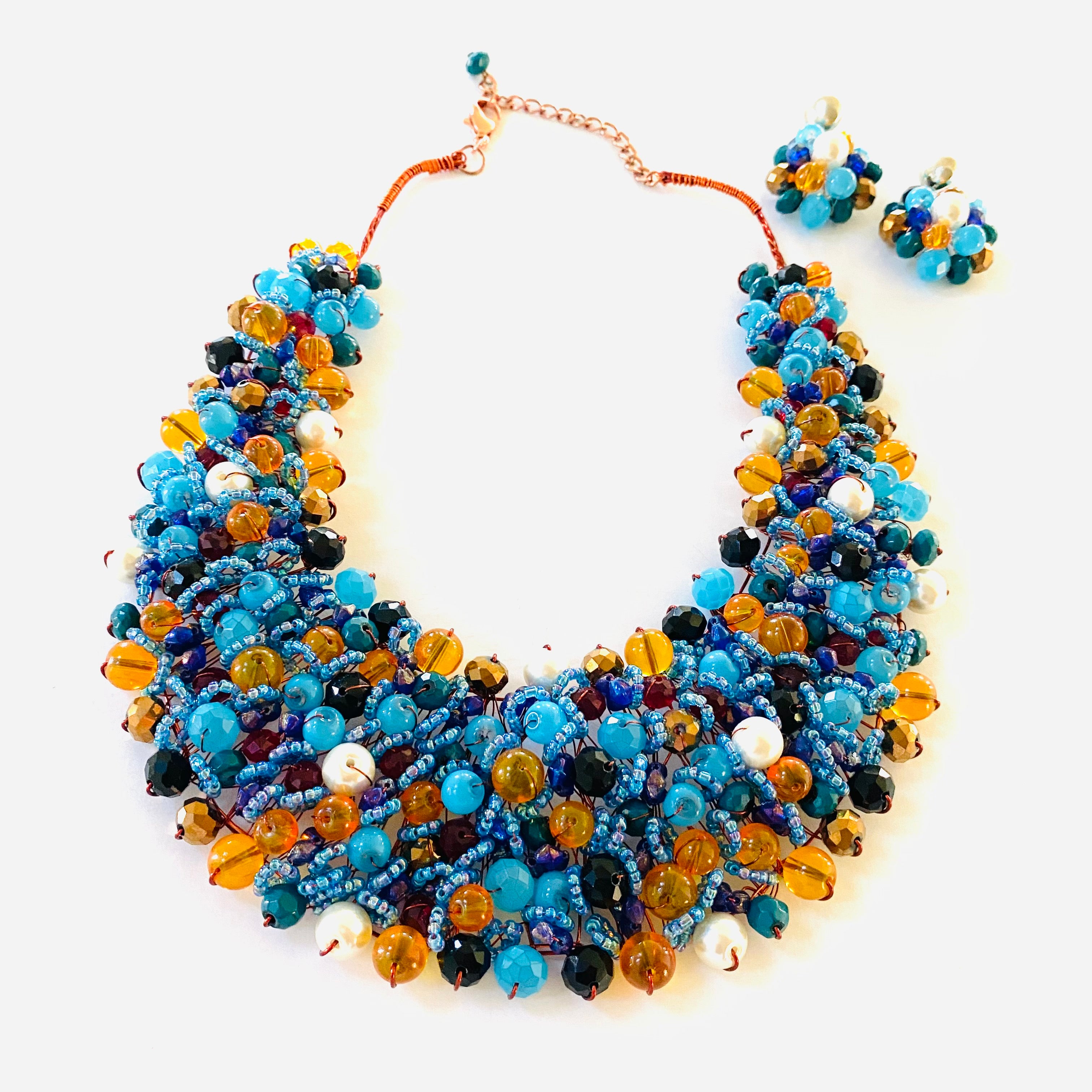 Crocheted Crystal Necklace w/ Earrings
